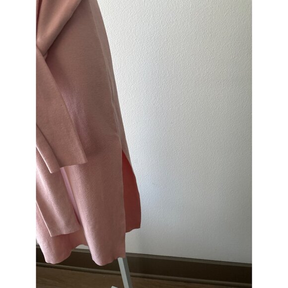 Y2K Dress M Blush Knit Bodycon Deep V Neck Sleeve Tie Waist Side Slit Night Out - Picture 15 of 16